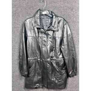 JLC Jacket Black Leather Collared Full Zip Womens Size XL Black Pockets Lined